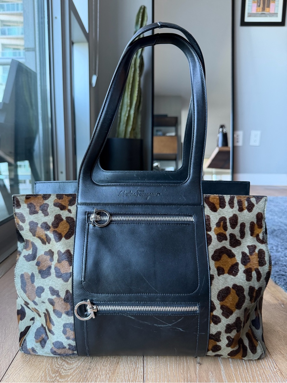 Ferragamo Pony Hair Vintage Leopard Print Leather Tote Bag